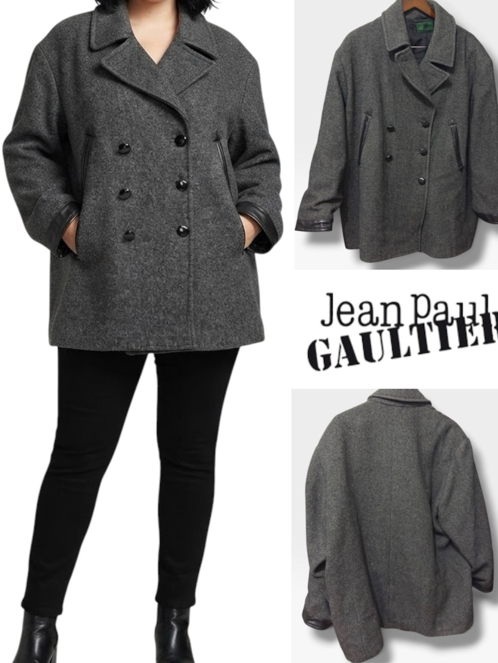 Jean Paul Gaultier| EUC Vintage 80s Italian 80% Wool Leather Gray Pea Coat (XL)
